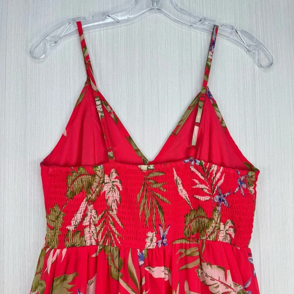 JAPNA V Neck Floral Maxi Dress S‎ Tropical Leaf Red Green Smocked Back